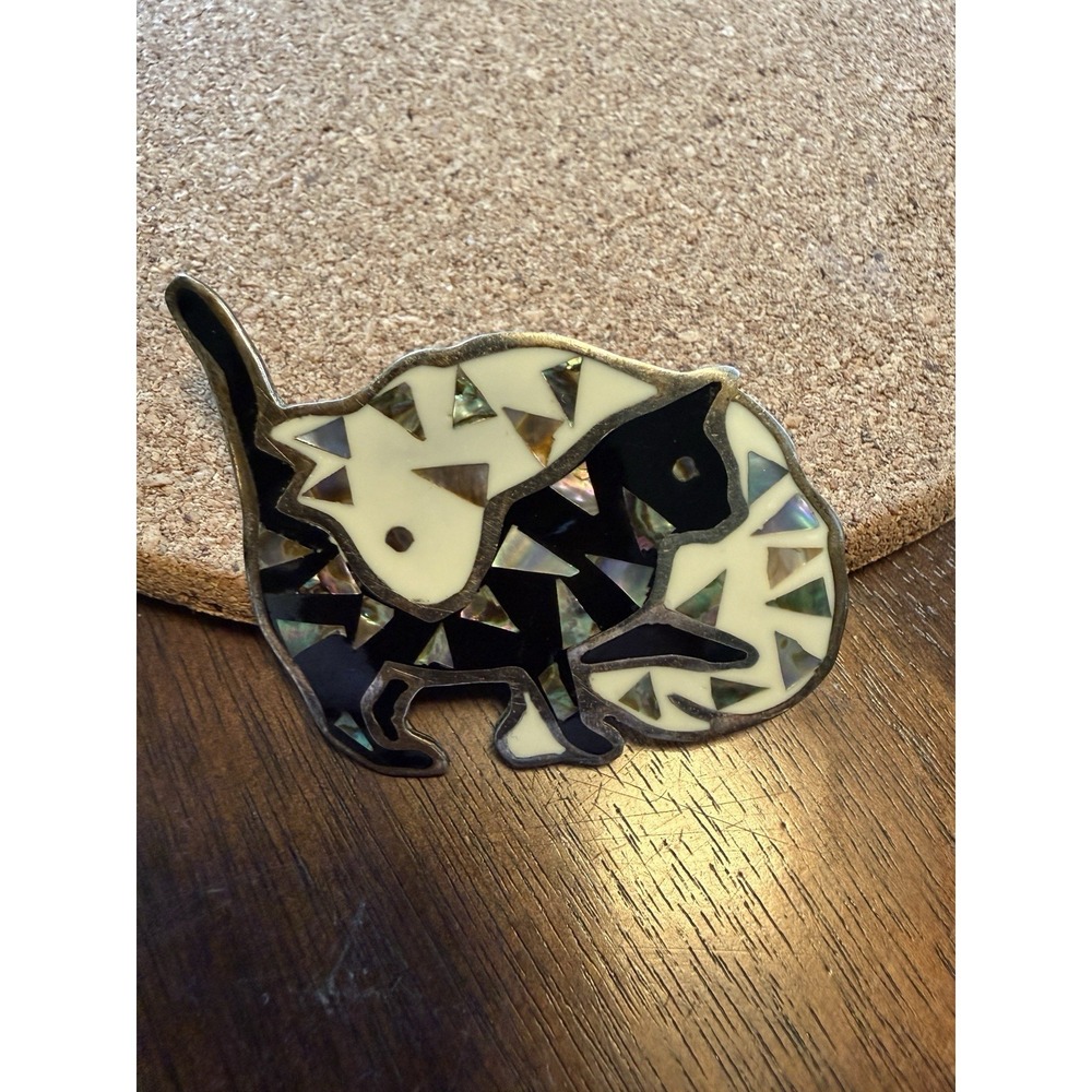 Sterling Silver White & Black Cats Abalone Alia Mexican Broach
